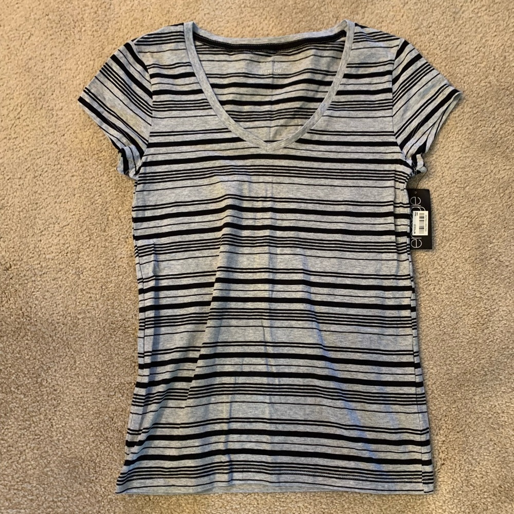 Gray and Black Striped V-Neck T-Shirt
